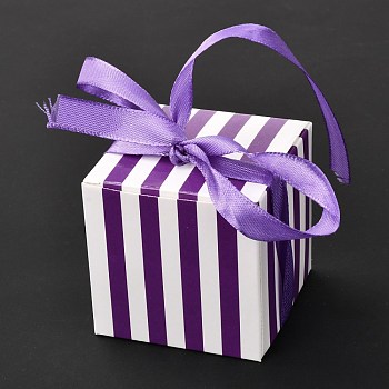 Square Foldable Creative Paper Gift Box, Stripe Pattern with Ribbon, Decorative Gift Box for Weddings, Purple, 55x55x55mm