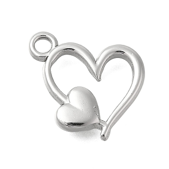 Anti-Tarnish 304 Stainless Steel Pendants, Heart Charm, Stainless Steel Color, 15.5x13.5x2.5mm, Hole: 2mm