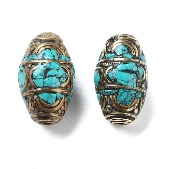 Handmade Tibetan Style Beads, with Brass Findings and Synthetic Turquoise, Barrel, Antique Golden, 24.5x15mm, Hole: 2.5mm