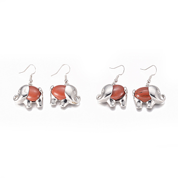 Natural Red Jasper Dangle Earrings, with Brass Findings, Elephant, 40mm, Pin: 0.7mm