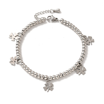 304 Stainless Steel Clover Charm Bracelet with 201 Stainless Steel Round Beads for Women, Stainless Steel Color, 8-5/8 inch(21.8cm)