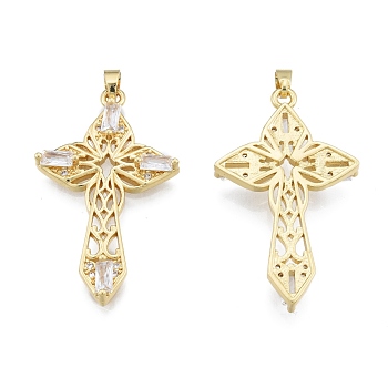 Brass Micro Pave Cubic Zirconia Pendants, Real 18K Gold Plated, Cross, Clear, 38x22x3.5mm, Hole: 2x3.5mm