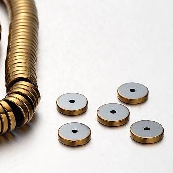 Electroplate Non-magnetic Synthetic Hematite Beads Strands, Heishi Beads, Disc/Flat Round, Golden Plated, 10x2mm, Hole: 1mm, about 198pcs/strand, 15.7 inch