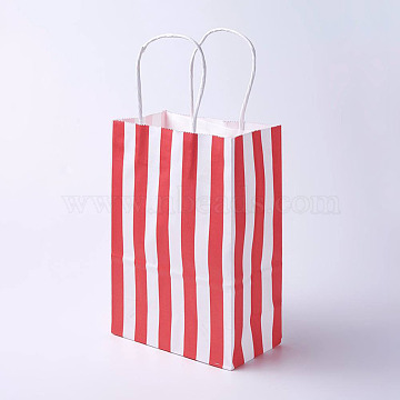 kraft Paper Bags, with Handles, Gift Bags, Shopping Bags, Rectangle, Stripe Pattern, Red, 27x21x10cm(CARB-E002-M-P05)