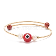 Natural Red Jasper & Evil Eye Lampwork & Natural Pearl Beaded Bangle, Brass Torque Bangle for Women, Golden, Inner Diameter: 2-1/8 inch(5.5cm)(BJEW-JB08463-02)