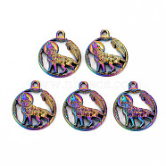 Alloy Howling Wolf Pendants, Cadmium Free & Nickel Free & Lead Free, Flat Round with Wolf, Rainbow Color, 25x21x3mm, Hole: 1.8mm(PALLOY-S180-111-NR)