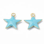 Brass Charms, Enamelled Sequins, Raw(Unplated), Star, Cyan, 10.5x10x1.5mm, Hole: 1mm(KK-S345-060A-04)