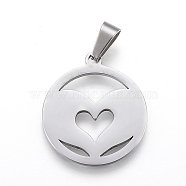 304 Stainless Steel Pendants, Flat Round with Heart, Stainless Steel Color, 25x22x1.2mm, Hole: 4x7.5mm(STAS-I086-04P-05)