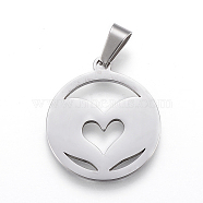 Non-Tarnish 304 Stainless Steel Pendants, Flat Round with Heart, Stainless Steel Color, 25x22x1.2mm, Hole: 4x7.5mm(STAS-I086-04P-05)