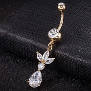 Piercing Jewelry, Brass Cubic Zirconia Navel Ring, Belly Rings, with 304 Stainless Steel Bar, Cadmium Free & Lead Free, Real 18K Gold Plated, teardrop, Clear, 50x12mm, Bar Length: 3/8"(10mm), Bar: 14 Gauge(1.6mm)(AJEW-EE0003-41A)