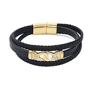 PVD Vacuum Plating Men's Black PU Leather Cord Multi-Strand Bracelets, Knot 304 Stainless Steel Link Bracelets with Magnetic Clasps, Golden, 8-3/8x7/8 inch(21.3x2.35cm)(BJEW-K243-41G)