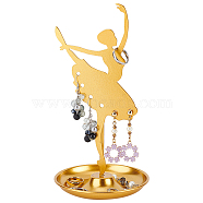 Dancer Iron Earring Display Stands with Round Tray, Earring Organizer Holder Ornament, Golden, 10.8x10.8x21cm(EDIS-WH0016-019A)
