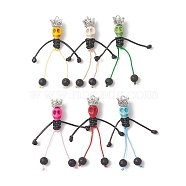 6Pcs 6 Colors Dyed Synthetic Turquoise Halloween Kings Skull Big Pendants, Handmade Rope Arms and Legs Charms with Natural Lava Rock, Mixed Color, 61x54x10mm, Hole: 2.5mm, 1pc/color(PALLOY-TA00028)