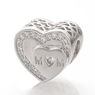 Mother's Day Theme, Brass Micro Pave Cubic Zirconia European Beads, Large Hole Beads, Heart with Word Mom, Platinum, 11.5x10.5x8.5mm, Hole: 4.5mm(ZIRC-T002-76)