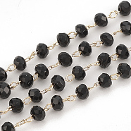 Handmade Glass Beaded Chains, Soldered, with Brass Findings, Faceted, Rondelle, Black, Real 18K Gold Plated, 3mm(CHC-S004-01G)