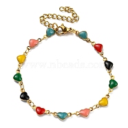 Golden 304 Stainless Steel Heart Link Chain Bracelet with Enamel, Colorful, 6-7/8 inch(17.5cm)(BJEW-E088-01G-05)