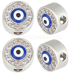 5Pcs Brass Micro Pave Clear Cubic Zirconia Beads, with Enamel, Flat Round with Evil Eye,, Real Platinum Plated, 9.5x5.5mm, Hole: 2.5mm(KK-BBC0010-29)