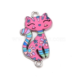 Alloy Enamel Connector Charms, Cat with Flower Pattern, Hot Pink, 28.5x15x1.5mm, Hole: 1.5mm(ENAM-M055-36P-05)