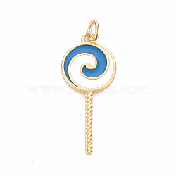 Brass Enamel Pendants, with Jump Ring, Cadmium Free & Nickel Free & Lead Free, Lollipop, Real 16K Gold Plated, Steel Blue, 30x12.5x1.5mm, Jump Ring: 5x1mm, 3mm inner diameter(KK-S362-033G-NR)