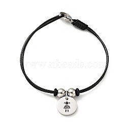 304 Stainless Steel Girl Charm Bracelet with Waxed Cord for Women, Stainless Steel Color, 7 inch(17.8cm)(BJEW-A125-26)