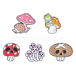 5Pcs 5 Style Skull Mushroom & Hedgehog & Frog Enamel Pins, Electrophoresis Black Alloy Badges for Backpack Clothes, Mixed Color, 21.7~28x22~28.2mm, 1Pc/style(JBR092A)