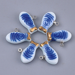Handmade Porcelain Charms, Bright Glazed Porcelain, with Brass Findings, Fish, Platinum, Blue, 12~13x17~18x5mm, Hole: 1.5mm(PORC-T002-31)