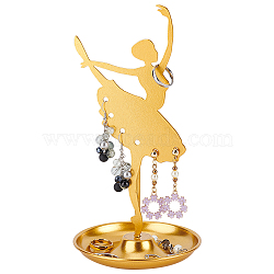 Dancer Iron Earring Display Stands with Round Tray, Earring Organizer Holder Ornament, Golden, 10.8x10.8x21cm(EDIS-WH0016-019A)