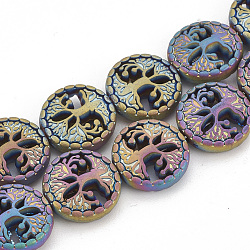 Electroplate Non-magnetic Synthetic Hematite Beads Strands, Matte Style, Flat Round with Tree of Life, Multi-color Plated, 12~12.5x4~4.5mm, Hole: 1mm, about 32pcs/strand, 15.74 inch(G-N0322-05E)