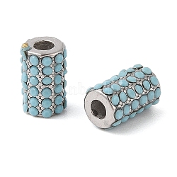 304 Stainless Steel Beads, with Rhinestone, Column, Stainless Steel Color, Turquoise, 11x7mm, Hole: 3mm(STAS-NH0001-02P-08)