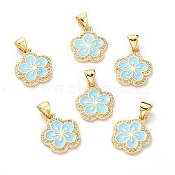 Brass Micro Pave Cubic Zirconia Pendants, Real 18K Gold Plated, Long-Lasting Plated, Flower, Light Blue, 16x13.5x1.5mm, Hole: 5x3mm(ZIRC-H120-02B-G)