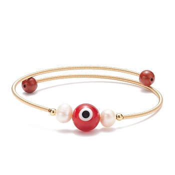 Natural Red Jasper & Evil Eye Lampwork & Natural Pearl Beaded Bangle, Brass Torque Bangle for Women, Golden, Inner Diameter: 2-1/8 inch(5.5cm)