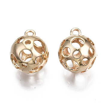 Brass Pendants, Hollow, Nickel Free, Round, Real 18K Gold Plated, 15.5x12.5mm, Hole: 1.5mm