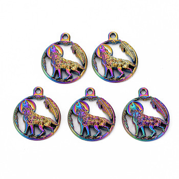 Alloy Howling Wolf Pendants, Cadmium Free & Nickel Free & Lead Free, Flat Round with Wolf, Rainbow Color, 25x21x3mm, Hole: 1.8mm