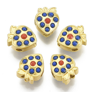 4-Hole Brass Beads, with Resin Beads, Strawberry, Matte Gold Color, Colorful, 10x9x7mm, Hole: 2mm