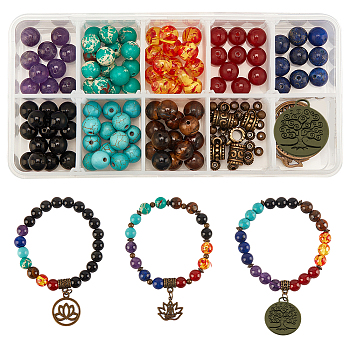 220Piece DIY Chakra Style Stretch Bracelet Making Kits, Including Natural & Synthetic Round Gemstone Beads, Resin & Brass Beads, Alloy Findings, Elastic Crystal Thread, Mixed Color, 8mm, Hole: 1mm, 140pcs/set