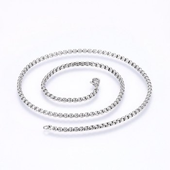 304 Stainless Steel Box Chain Necklaces, with Lobster Claw Clasps, Stainless Steel Color, 19.7 inch(50cm), 3.5mm
