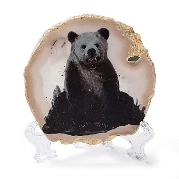 Printed Natural Agate Slice Stone Ornament, for Good Luck Home Office Decor, Bear, 95~135x95~135x6.5~9mm