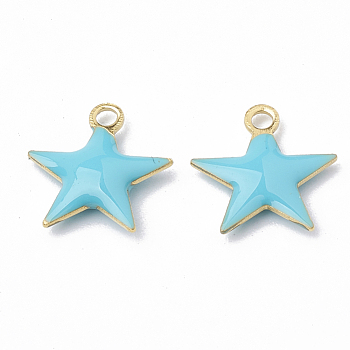 Brass Charms, Enamelled Sequins, Raw(Unplated), Star, Cyan, 10.5x10x1.5mm, Hole: 1mm