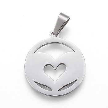 304 Stainless Steel Pendants, Flat Round with Heart, Stainless Steel Color, 25x22x1.2mm, Hole: 4x7.5mm