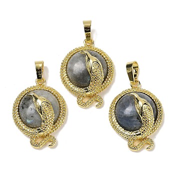 Natural Labradorite Flat Round Shaped Brass Pendants, Rack Plating, Cadmium Free & Lead Free, Golden, 29.5x21.5x9.5~11mm, Hole: 7.5x4.5mm