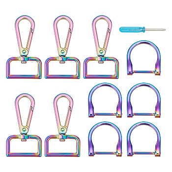 5Pcs Alloy Swivel Push Gate Snap Clasps, with 5Pcs D Ring Clasps, for Lanyard Handbags Purse Making, Rainbow Color, Swivel Push Gate Snap Clasps: 60x33.5mm