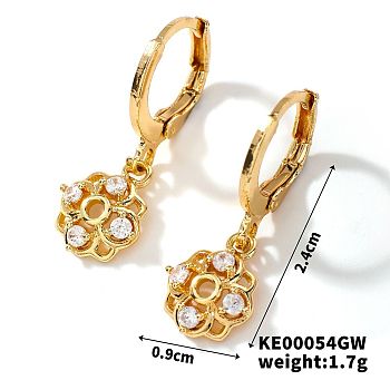 Fashionable Copper Inlaid Zircon Hoop Earrings, Elegant and Versatile Ear Accessories, Golden, Flower, 24x9mm