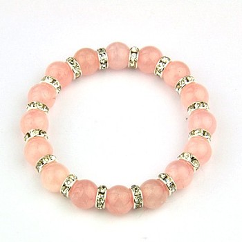 Fashion Gemstone Stretch Bracelets, Stretch Bracelets, with Brass Rhinestone Beads, Pink, 53mm