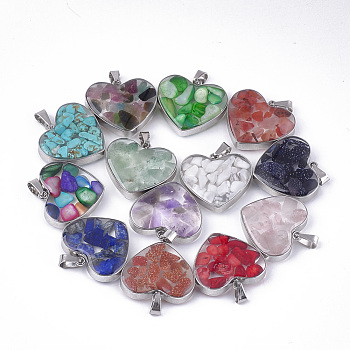 Natural & Synthetic Mixed Stone/Shell Pendants, with Glass and 304 Stainless Steel Findings, Heart, Stainless Steel Color, 19x21x6mm, Hole: 3x5.5mm