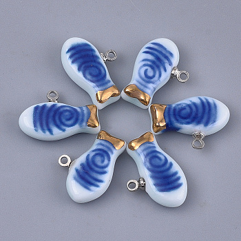 Handmade Porcelain Charms, Bright Glazed Porcelain, with Brass Findings, Fish, Platinum, Blue, 12~13x17~18x5mm, Hole: 1.5mm