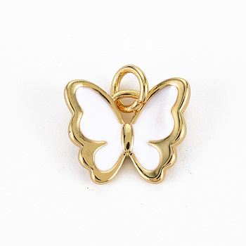 Brass Enamel Charms, with Jump Rings, Cadmium Free & Nickel Free & Lead Free, Real 16K Gold Plated, Butterfly, White, 11.5x13.5x2.5mm, Jump Ring: 5x1mm, 3mm inner diameter