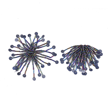 Glass Seed Beads Cabochons, with Sequins and Iron Sieve Findings, Light Gold, Colorful, 48~60x30~37mm