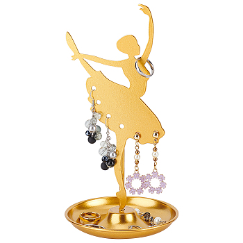Dancer Iron Earring Display Stands with Round Tray, Earring Organizer Holder Ornament, Golden, 10.8x10.8x21cm