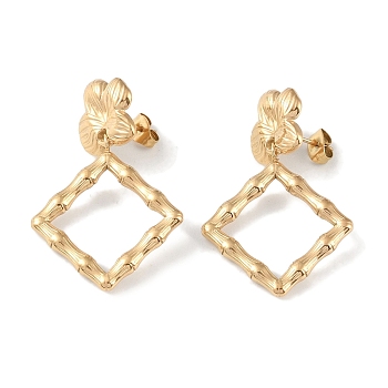 Rhombus 304 Stainless Steel Dangle Earrings, Flower Stud Earrings for Women, Real 18K Gold Plated, 40x26mm