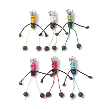 6Pcs 6 Colors Dyed Synthetic Turquoise Halloween Kings Skull Big Pendants, Handmade Rope Arms and Legs Charms with Natural Lava Rock, Mixed Color, 61x54x10mm, Hole: 2.5mm, 1pc/color